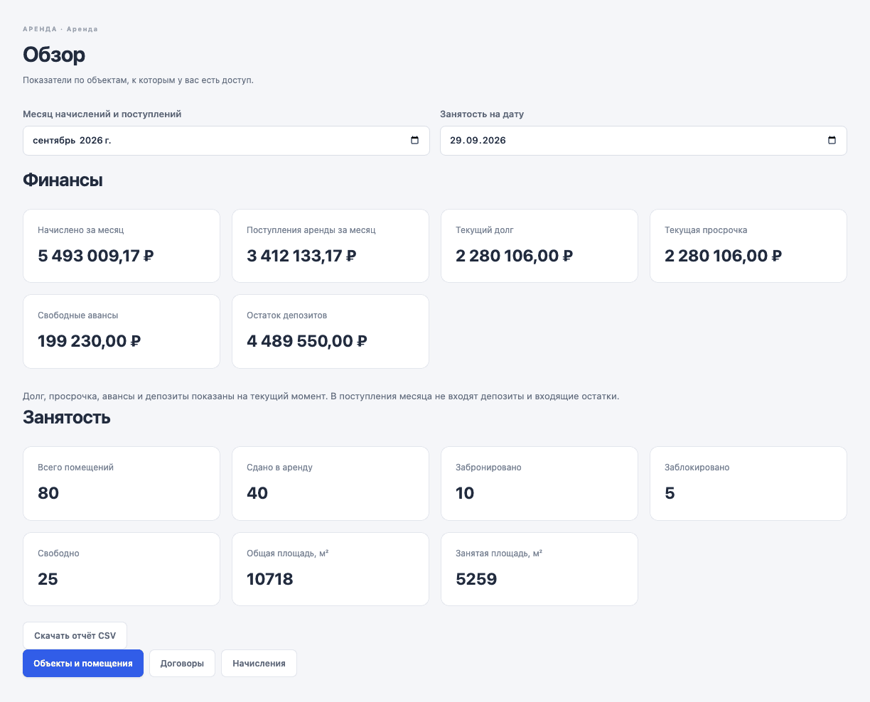 Обзор объектов — интерфейс модуля аренды ТЕМП CRM